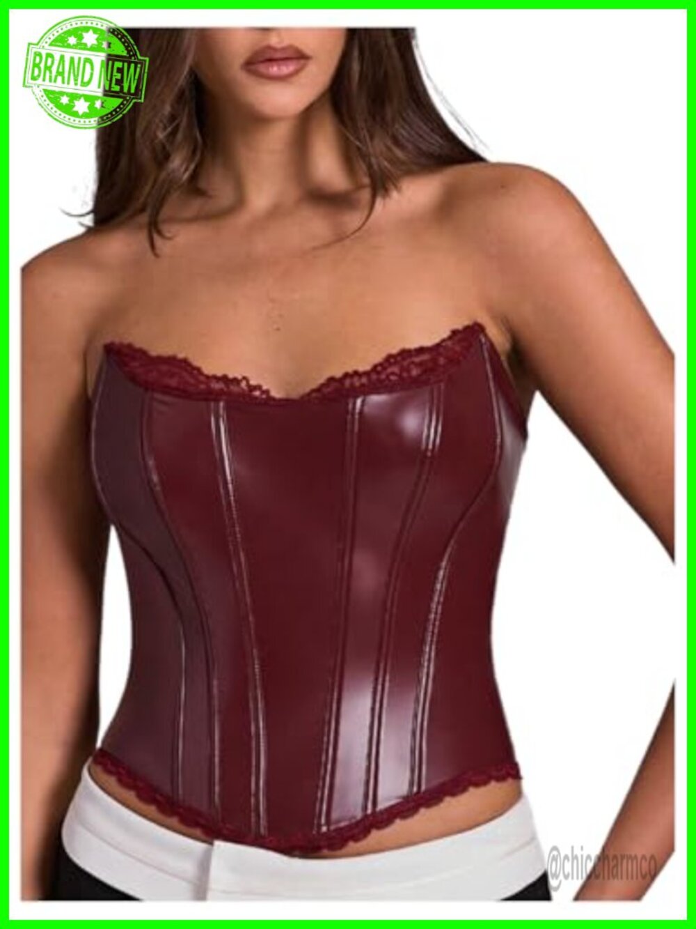 PU Leather Corset Tube Top Lace Up Back Strapless Bandeau Bustier Crop Top